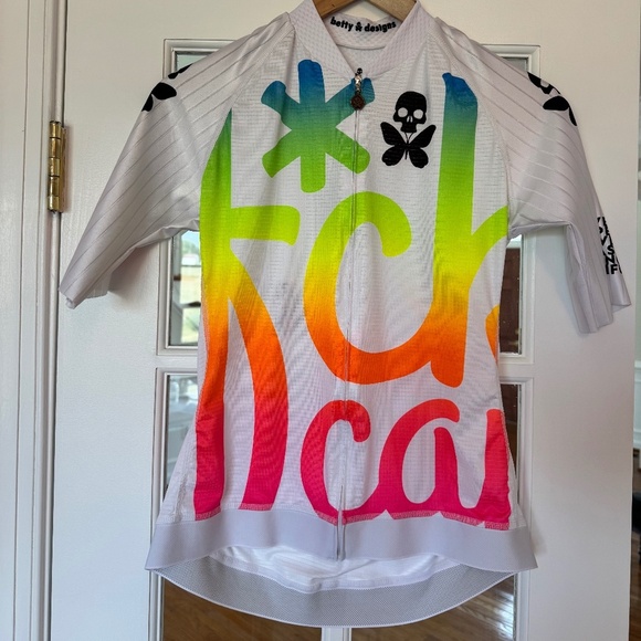Betty Designs F*ck Cancer White Neon Colors Print Women’s Cycling Top Sz Medium - Picture 2 of 4